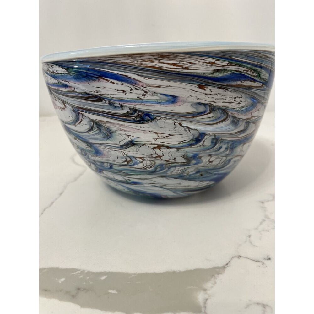 Bowl Hand Blown Art Glass Murano Style Cobalt Blue Swirl 8x6" Centerpiece